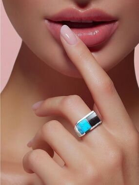 Sterling Silver Turquoise /Onyx  Inlay Fashion Ring - Blue